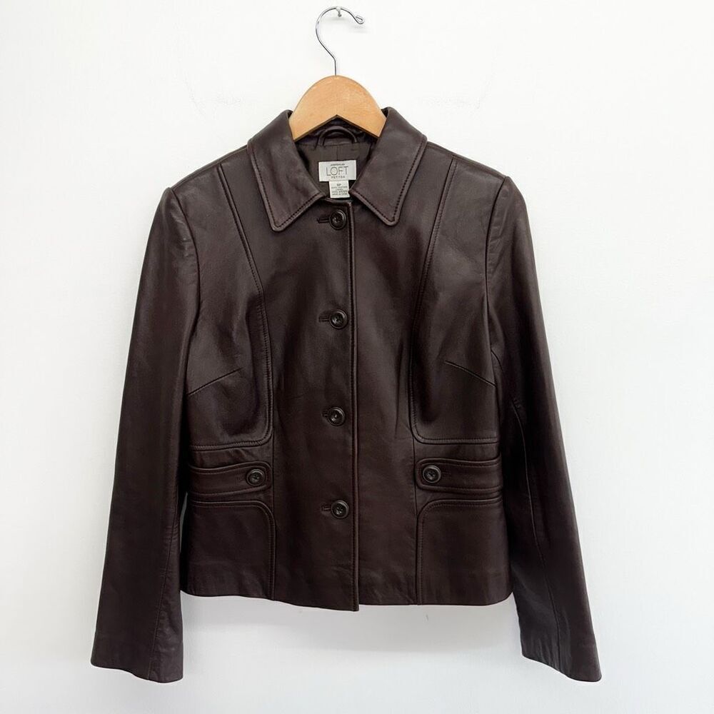 Ann Taylor Loft Women’s Espresso Dark Chocolate Brown  Leather 4 Button Collar J